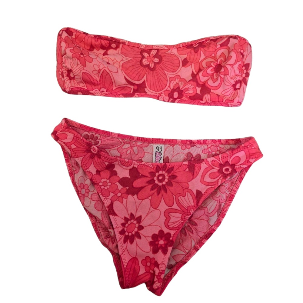 Blink Pink Floral‎ Pattern Strapless Top Bandeau Bikini Girls Medium